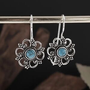 Silver Turquoise Flower Drop Earrings Dangle Pendant Elegant Filigree Charm New